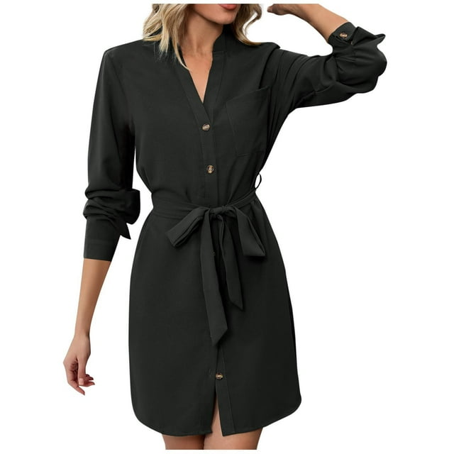 Robe Femme, Décontractée Automne Hiver avec Boutons, Poches, Manches Longues, Col en V, Ceinture, Longueur Genou, Robe pour Femme