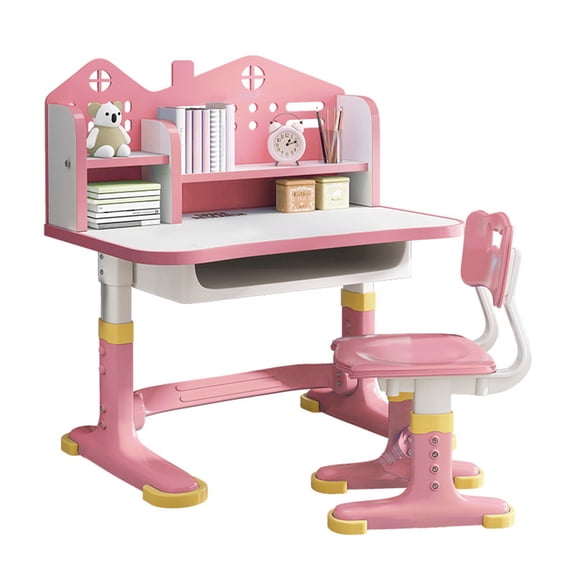 Yipinau Kids Study Desk and Chair Set, Height Adjustable Children's Table with Castle Backboard and Storage Drawer, Pink Learning Desk for Home School Use