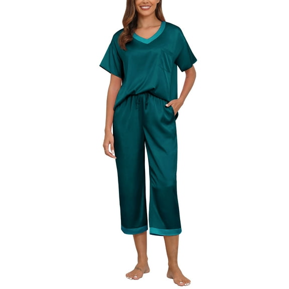 MINTREUS Women's Pajama Set Short Sleeved V-Neck Pajama Silk 2-Piece Set Capris Women's Satin Pajama Set Casual Clothing
