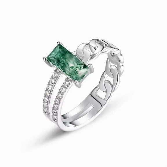 Rectangular Cut Lab Created Moss Agate & Diamond Stackable Eternity Engagement Ring in 925 Sterling Silver for Her - Elegant and Modern Jewelry