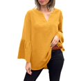 thumbnail image 2 of Women's Plus Size Cotton Linen Tunic, Long Sleeve V Neck Blouse with Flare Sleeve, Solid Color Loose Fit Top for Spring Summer Beach Casual Wear and Vacation Outfits Yellow L, 2 of 7