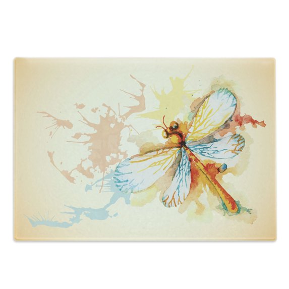 Dragonfly Cutting Board, Watercolor Moth Branch Print Wings on Abstract Backdrop, Decorative Tempered Glass Cutting and Serving Board, Large Size, Pale Yellow Orange, by Ambesonne