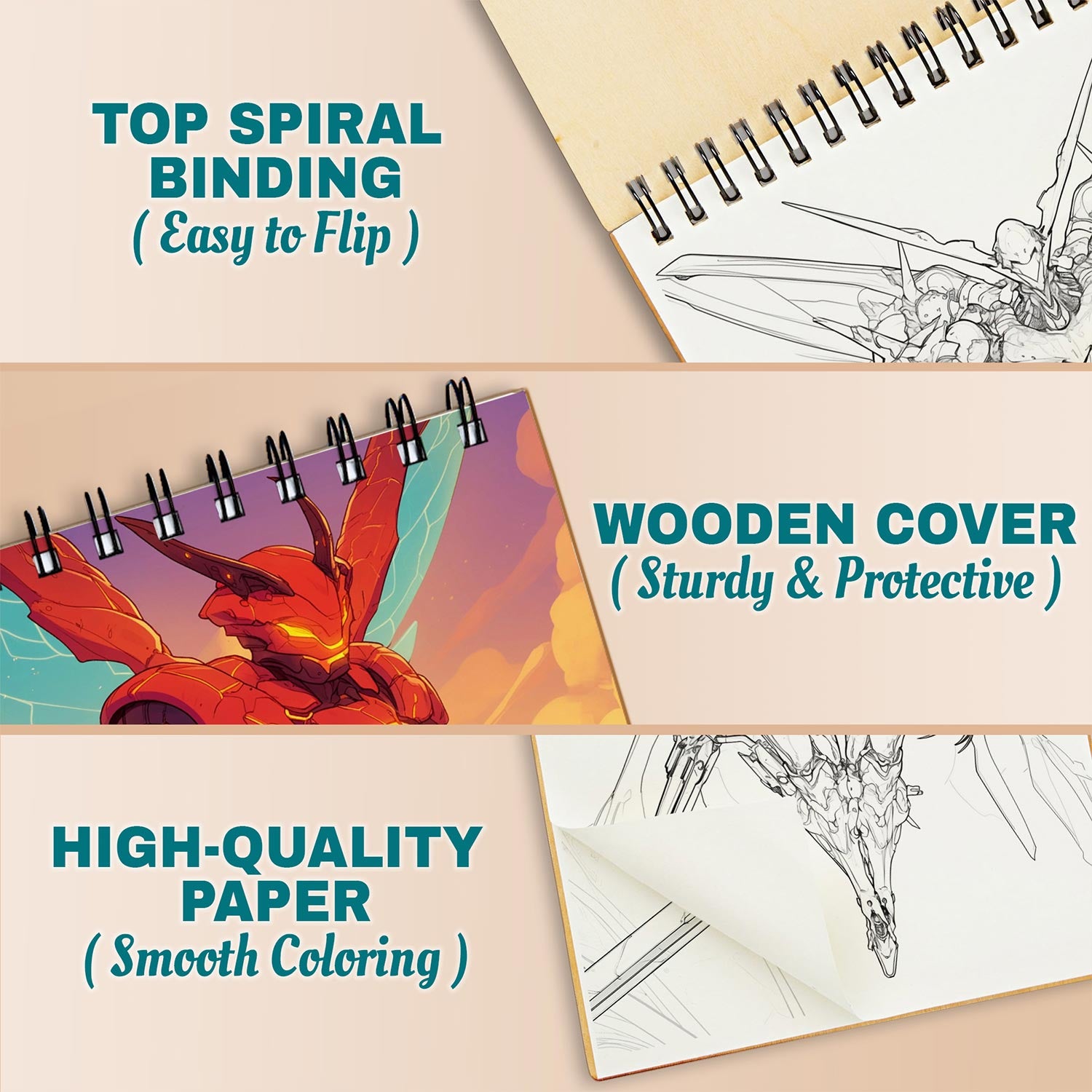 Netecom Battle Wasp Coloring Book for Adults, A5 Wooden Cover, Spiral Bound Edition, 30 Enchanting Coloring Pages of Mighty Wasp Warriors for Stress Relief and Relaxation