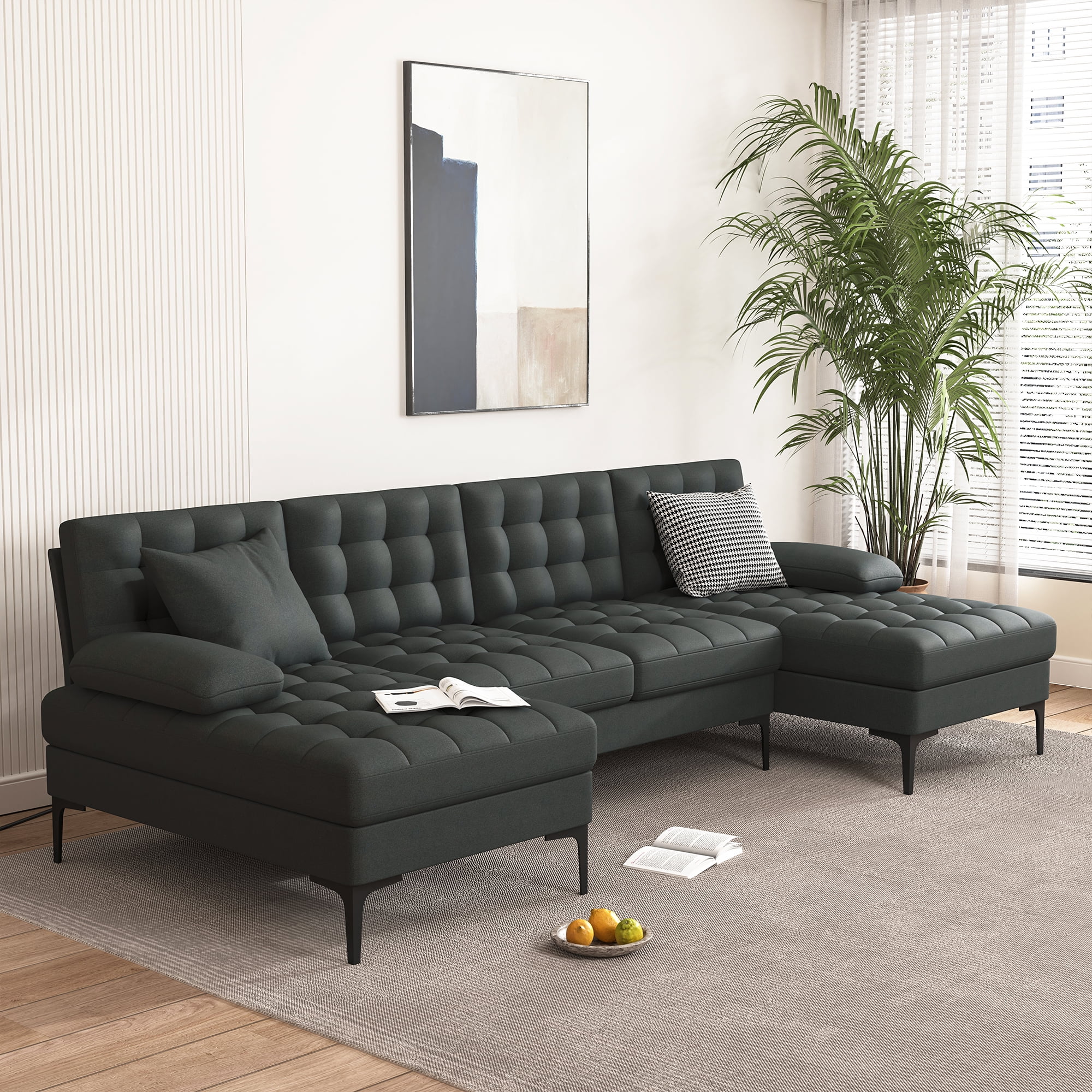 Kadyn U-shaped Soft-Covered Armrest Backrest Seat, Upholstery Sectional Sofa Couch with Wooden Frame Iron Frame, Dark Gray