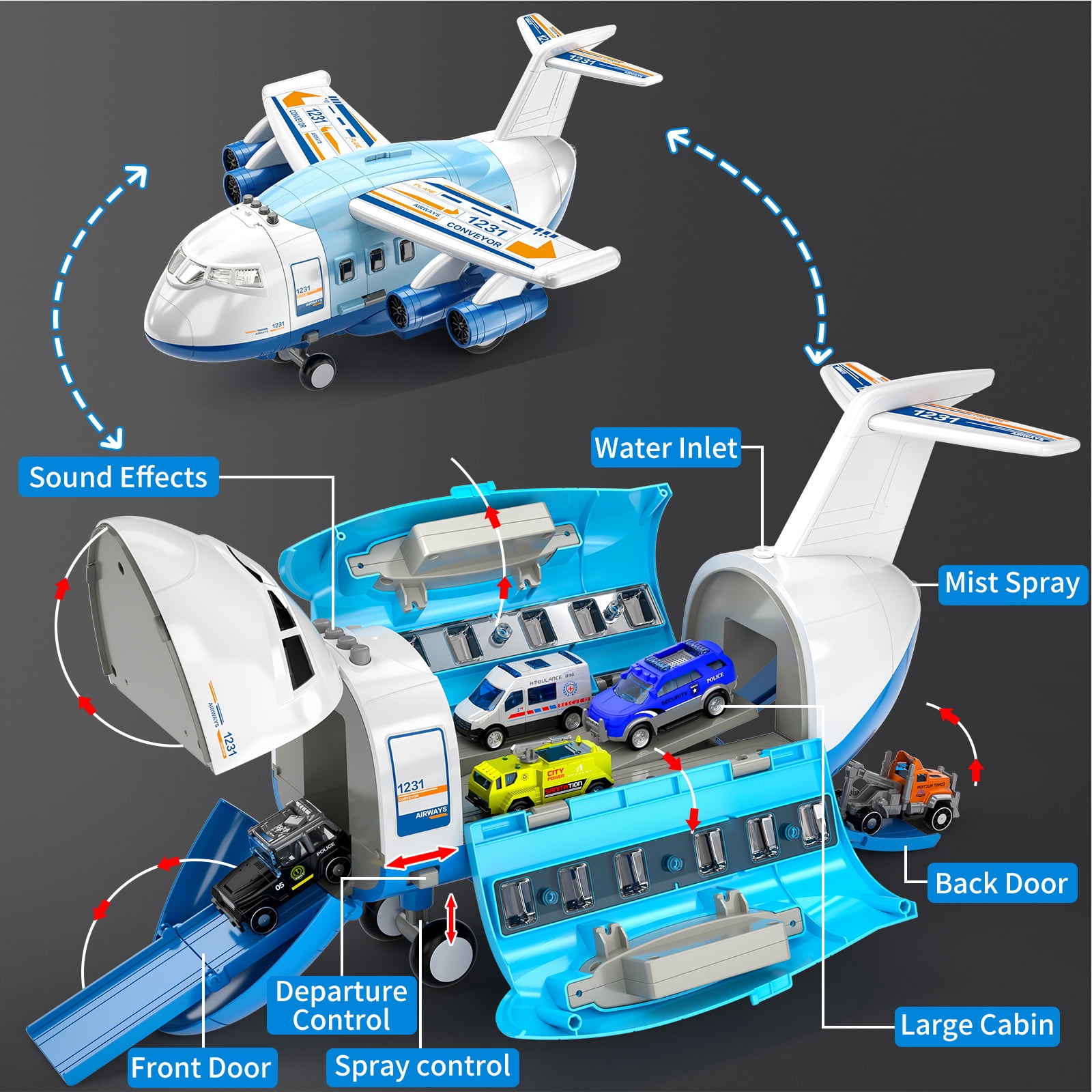 Lucky Doug Plane Toys for Toddlers Ages 1-6, Toddlers Airplane Playset with 10 Cars Toys, Light & Sound, Toys for 3-6 Years Old Boys Gifts