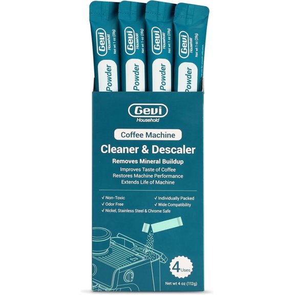Gevi Coffee Machine Cleaner & Descaler Powder - 4 Individually Packed Uses | Organic Citric Acid for Espresso Makers | All Major Brands Compatible
