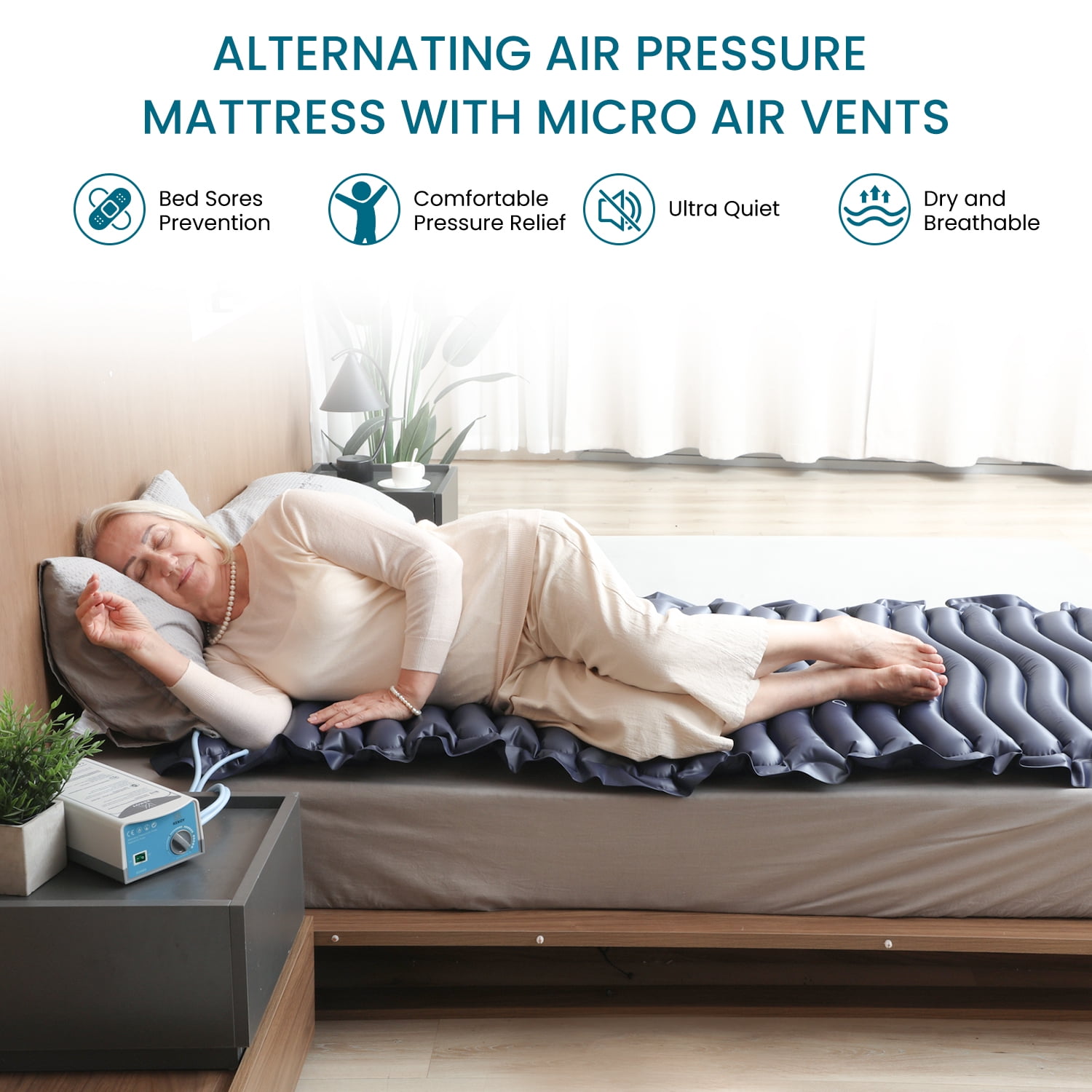 KEKOY Alternating Air Pressure Mattress Pad, Bed Sore Prevention Solution Mattress Topper with 5-setting Adjustable Pump, Waterproof Pressure Relief Ulcer Cushion Pad for Hospital and Home Use, Blue