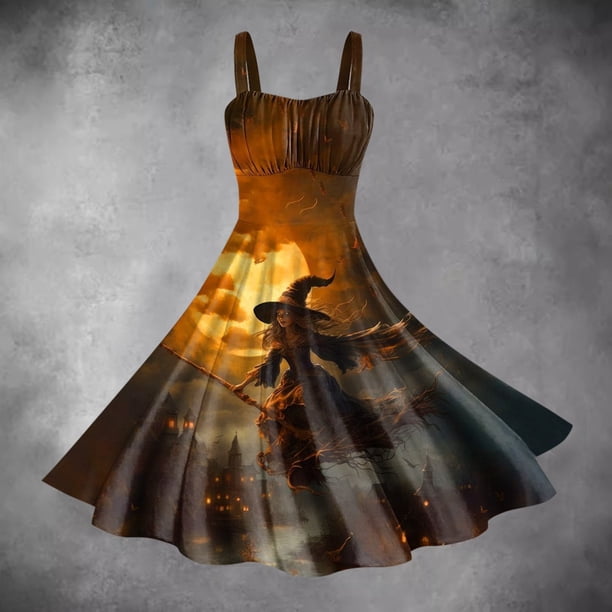 WILLBEST Vestidos con Curvas para Mujer Vestido de Mujer con Estampado sin Mangas con Tirantes En La Cintura y Falda con Vuelo con Personalidad E Grande