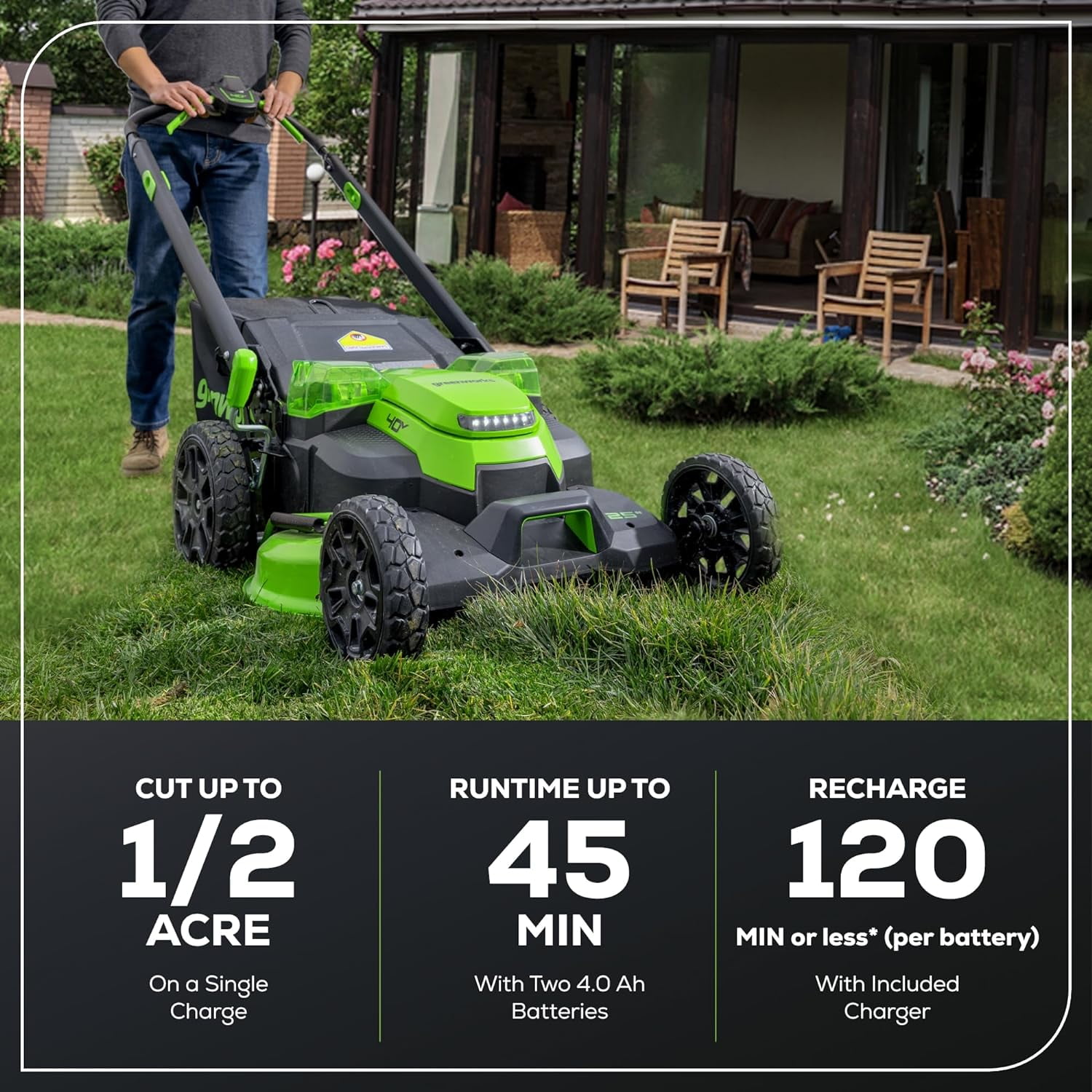 Greenworks 40V 25" Brushless Self-Propelled Mower, (2) 4.0Ah Batteries and Dual Port Charger Included