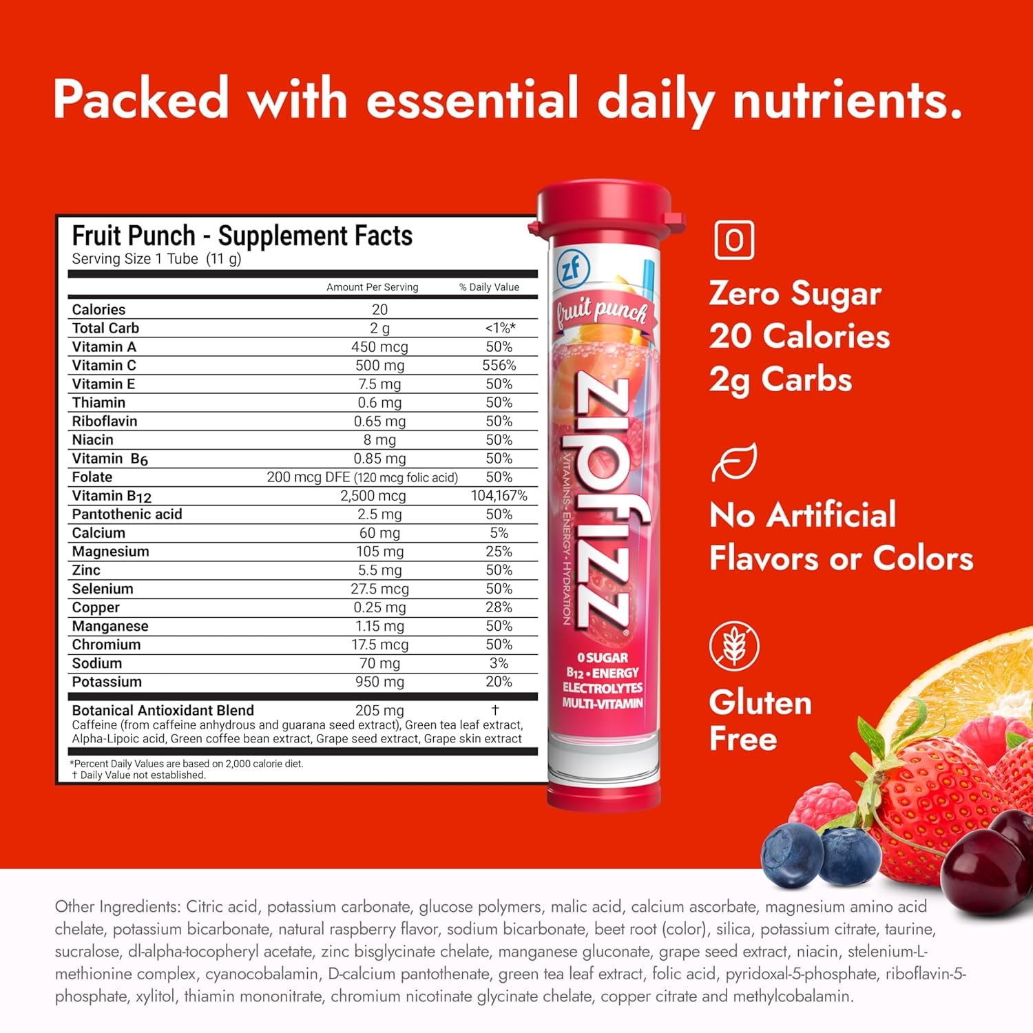 Zipfizz Healthy Energy Drink Mix Hydration with B12 and Multi Vitamins Fruit Punch 20 Tubes Pack of 1
