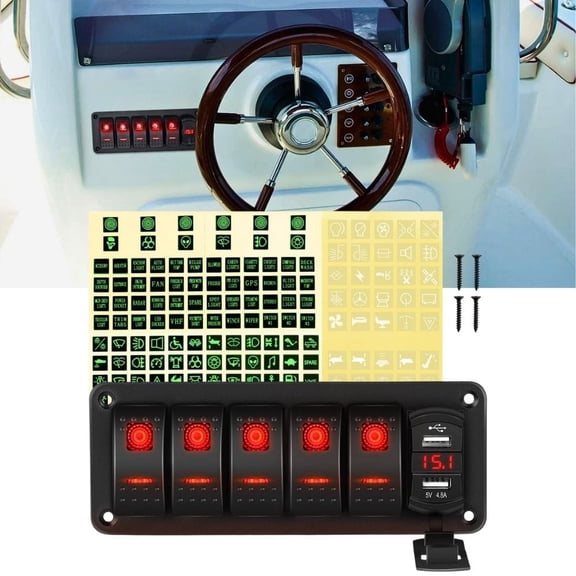 Waywe 5 Gang Rocker Switch Panel Red Backlit with 4.8 Amp Dual USB Charger Voltmeter Waterproof 12V 24V DC Rocker Switch for Car Trucks Boats RVs