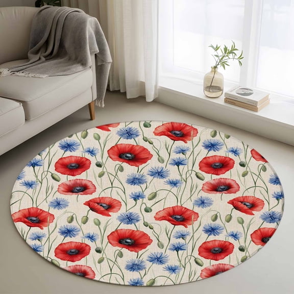 Red Poppy Flower Round Area Rug 4 FT, Non Slip Indoor Outdoor Rug, Blue Daisy Floral Patriotic 4th of July Washable Soft Circular Carpet Non-Shedding Floor Mat for Coffee Table Nursery Foyer Balcony
