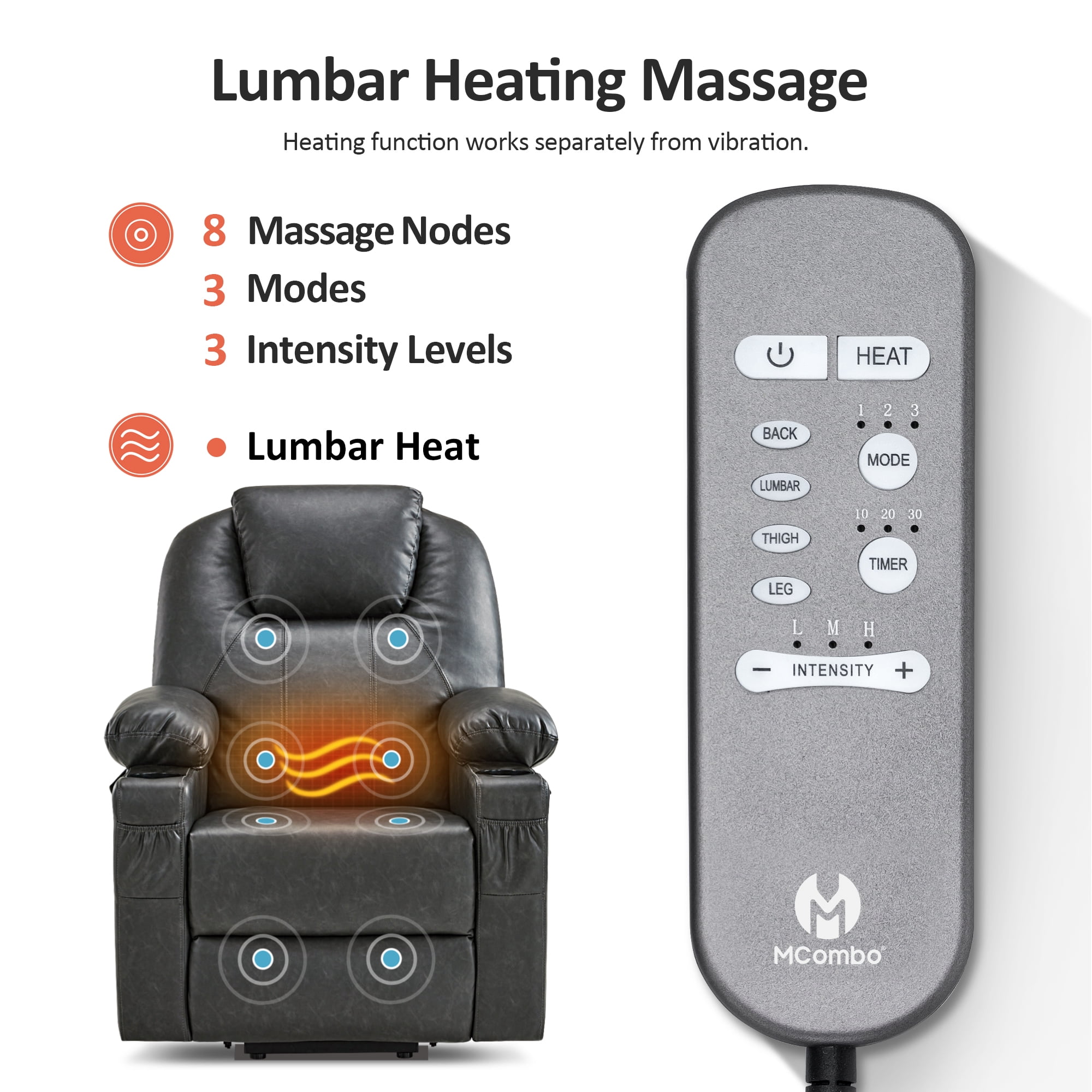 MCombo Large Power Lift Recliner Chair with Massage and Heat for Big and Tall Elderly, Faux Leather, Gray