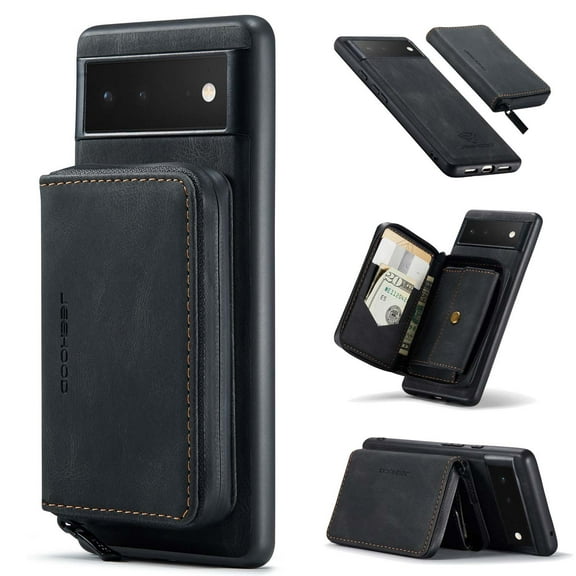Allytech Case for Google Pixel 6 Pro Cover PU Leather Zipper Wallet Case, Detachable Magnetic Back Card Holder Slim Folio Stand Shockproof Business Style Case for Pixel 6 Pro 2021( 6.7" 2021), Black
