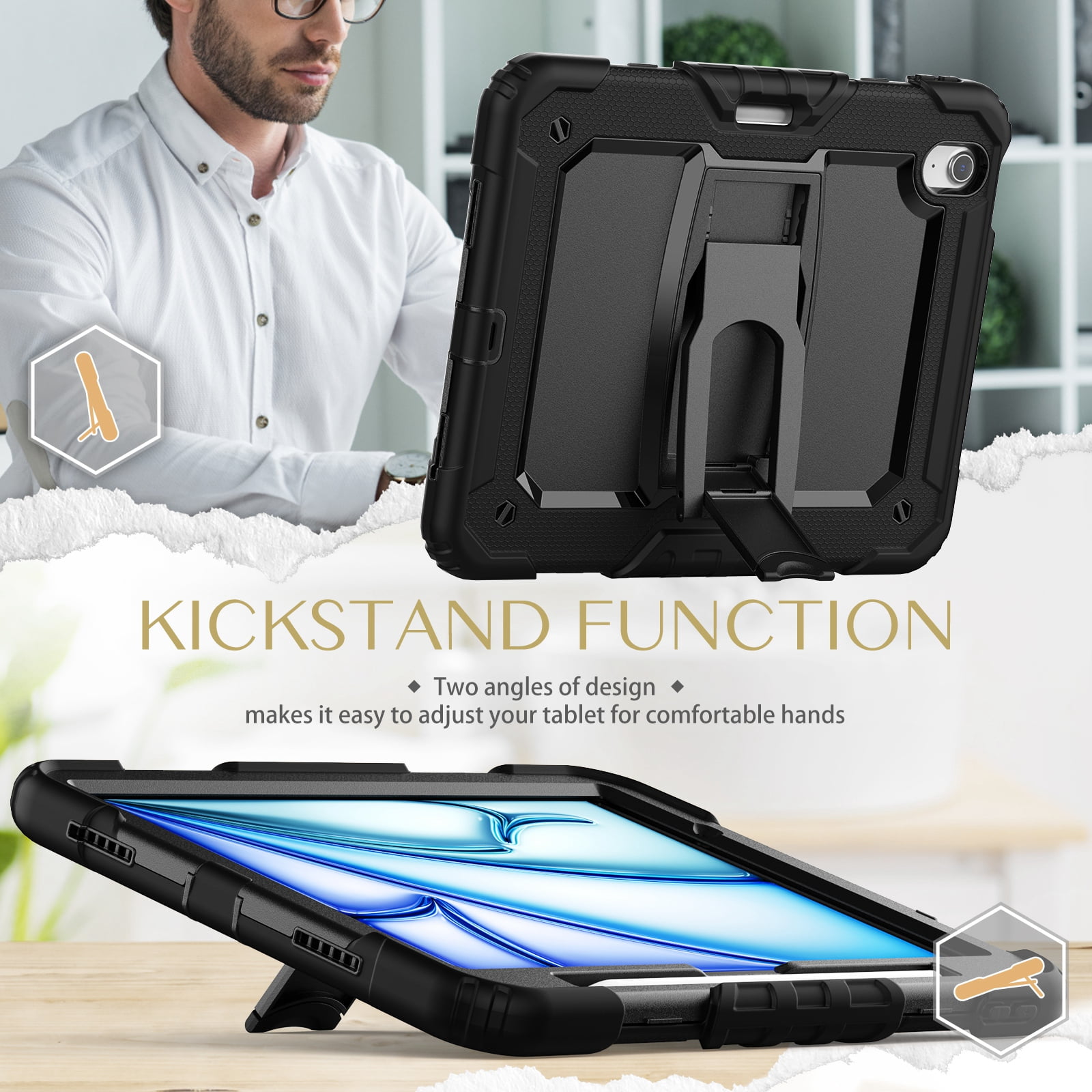 Dteck Built-in Screen Protector Case for iPad Air 11 inch 2025/2024 ,Heavy Duty Silicone Case Foldable Stand Cover Built-in Pencil Holder with Shoulder Strap for iPad Air 11-in. M3/M2,Black