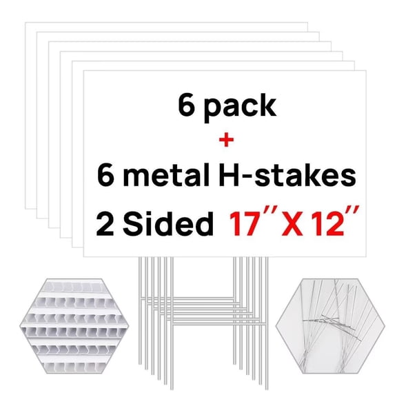 FGY 6 Pack Blank Yard Signs with H Stakes 17" x 12" Corrugated Plastic Lawn Sign for Yard Sale, Guidepost, Birthday Party