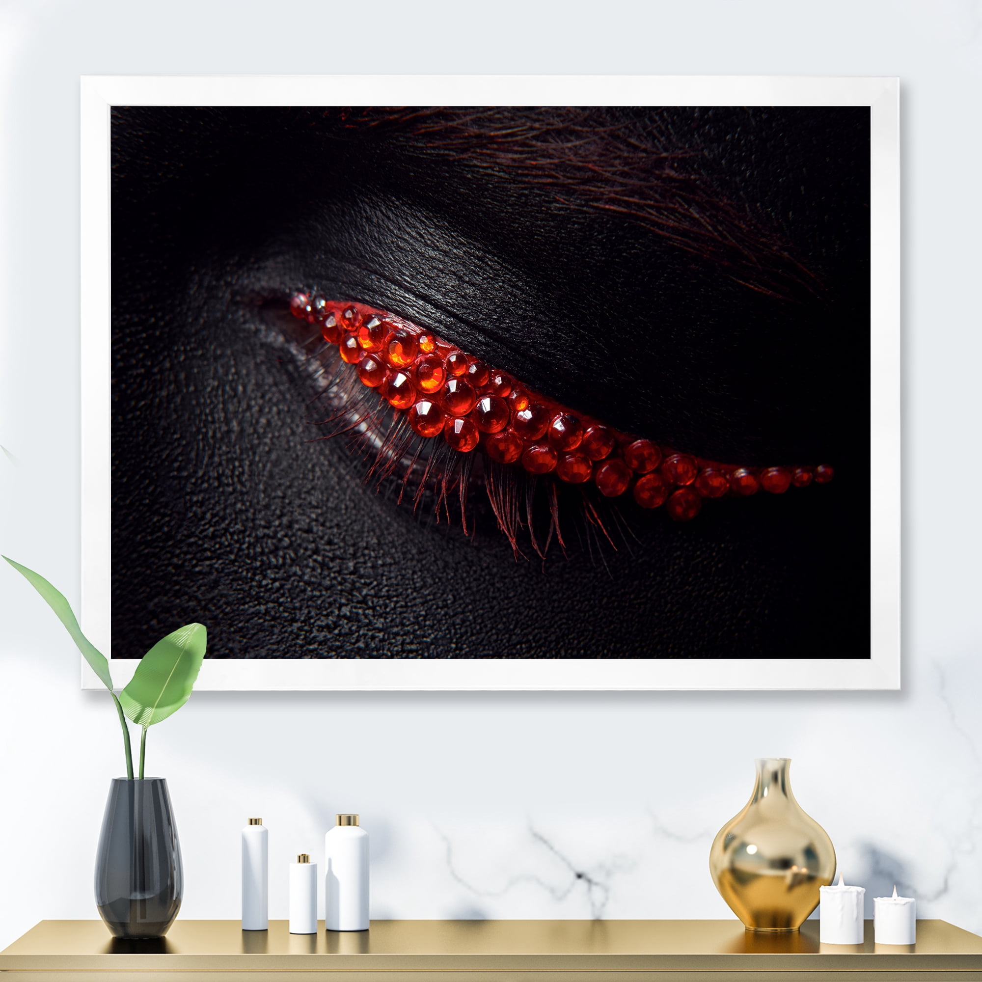 Designart 'Beautiful Black Skin Female Eye With Red Diamonds' Modern Framed Art Print