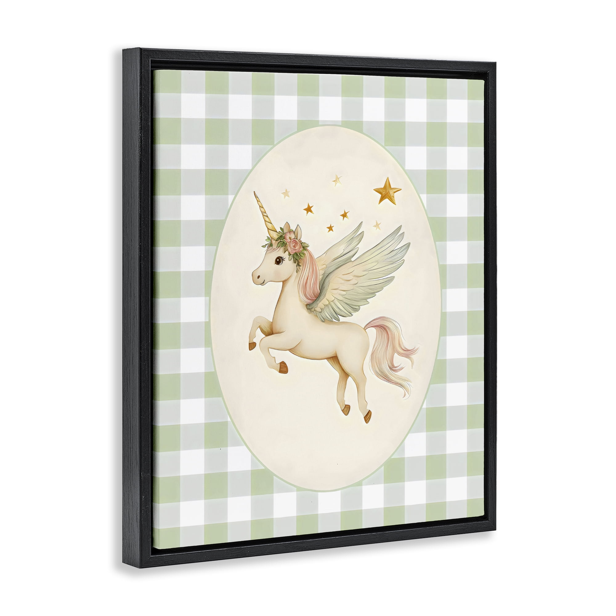 Stupell Industries Winged Unicorn over Green Gingham Black Framed Floater Canvas Wall Art, design by Arlington Prints
