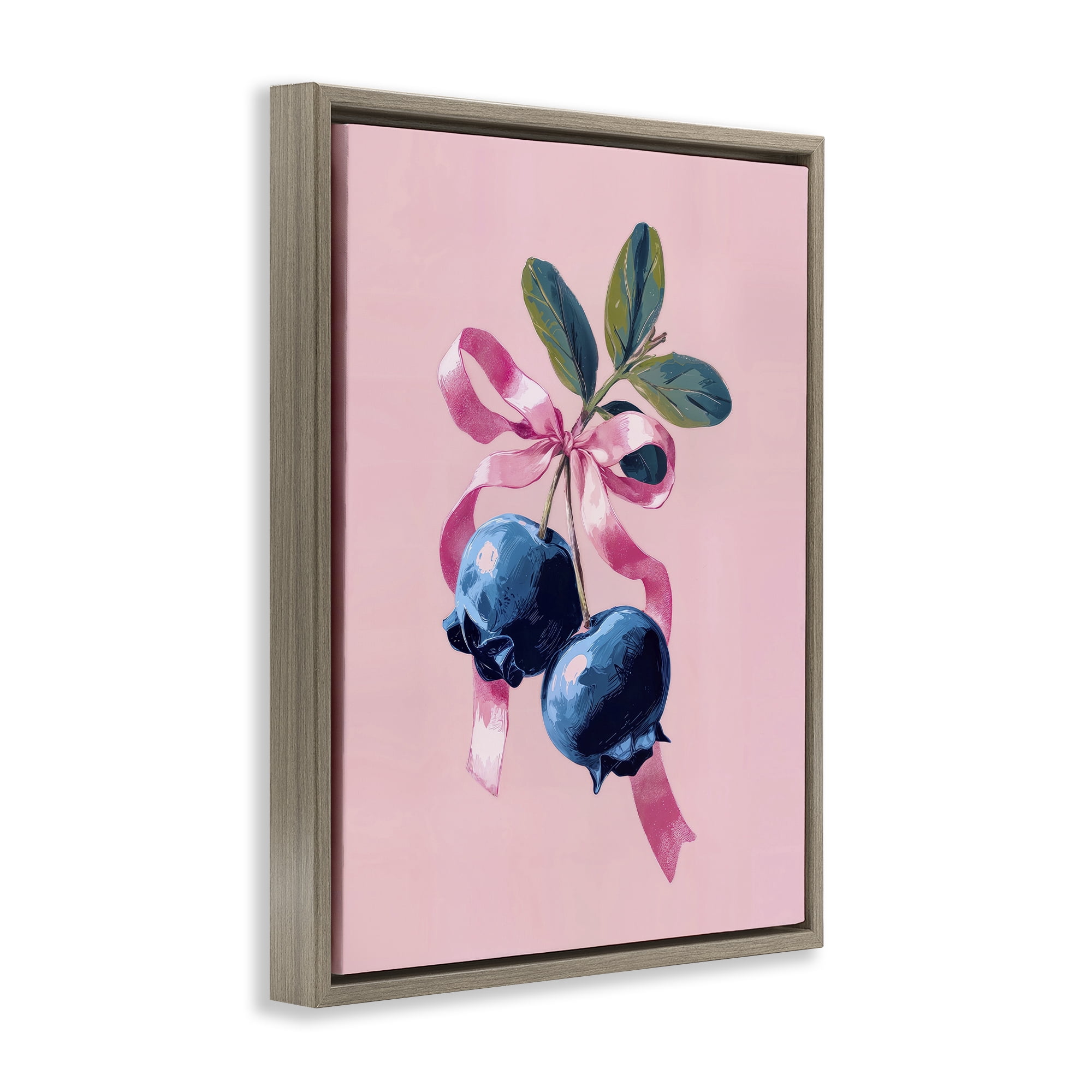 Stupell Industries Blueberry Branch with Pink Bow Brown Framed Floater Canvas Wall Art, design by Imagine It Images