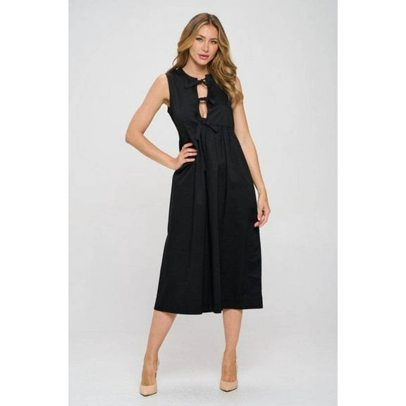 Renee C. Cutout Cotton Sleeveless Round Neck Front Tie Midi Dress - Rosa Apparel