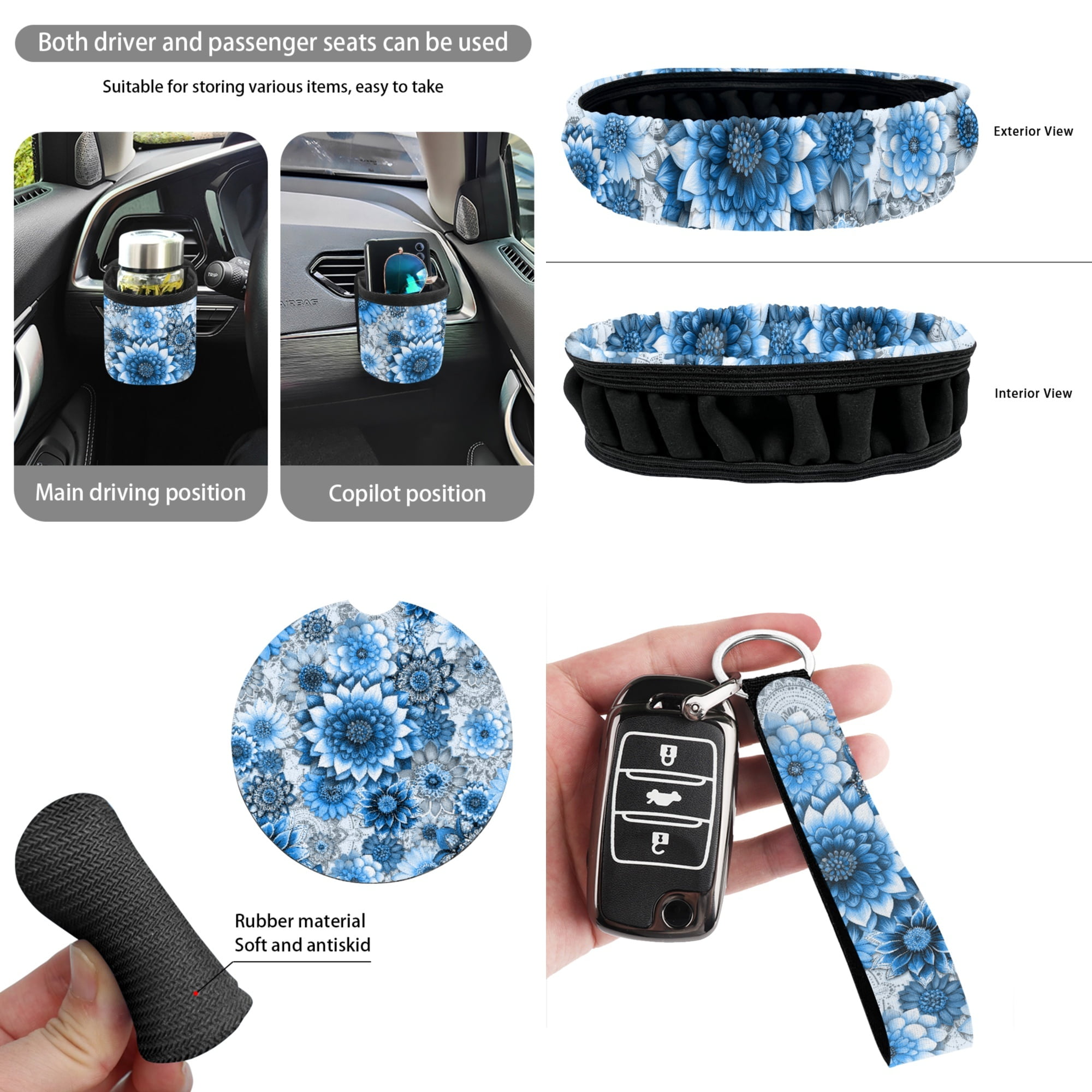 Yuyamidu Blue Dahlia Car Seat Cover Set of 15 Flower Steering Wheel Cover Auto Seat Belt Strap Pad Cup Mat Trash Bag Air Vent Organizer Rear View Mirror Protector Wristlet Keychain