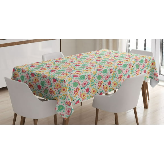 Turtle Tablecloth, Pre- Themed Cartoon Design Happy Turtle in Random Alignment, Rectangle Satin Table Cover Accent for Dining Room and Kitchen, 52" X 70", Multicolor, by Ambesonne