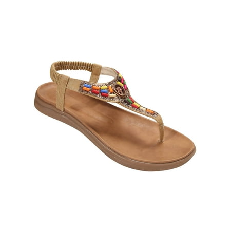 

Leather Sandals for Women Ladies Beaded Flip Flops Toe Post Slip On Thong Flat Sandals Ethnic Style Strap Summer Beach Shoes Walking Sandals for Indoor and Outdoor