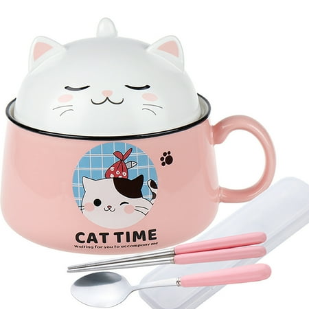 

HuacFive 1 Set 1020ml Cereal Bowl Exquisite Pattern Adorable Appearance Large Capacity Heat-Resistant Multipurpose Decorative Ceramic Instant Noodle Bowl with Ergonomic Handle Lid Kit Kitchen Tools
