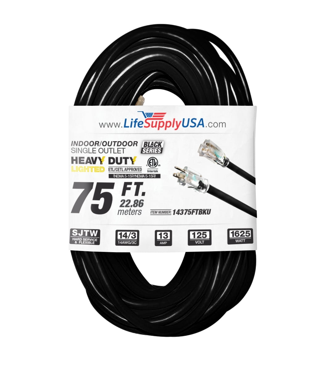 75 ft Power Extension Cord Outdoor  Indoor Heavy Duty 14 gauge/3 prong SJTW  (Black) Lighted end Extra Durability 13 AMP 125 Volts 1625 Watts ETL listed  by LifeSupplyUSA