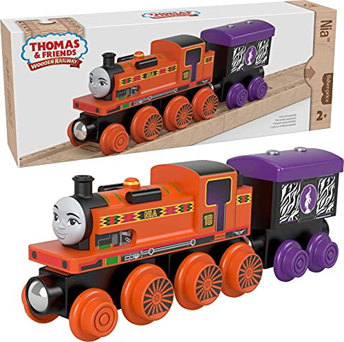 Thomas & Friends Wooden Railway Nia Engine and Coal Car, Push-Along Train Made from sustainably sourced Wood for Kids 2 Years and up