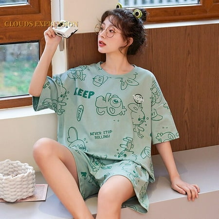 

QWZNDZGR Summer New Knitted Cotton Cartoon Girls Pajamas Set Women s Pajamas Leisure Home Clothes Set Short Sleeved Pyjamas Set Fashion