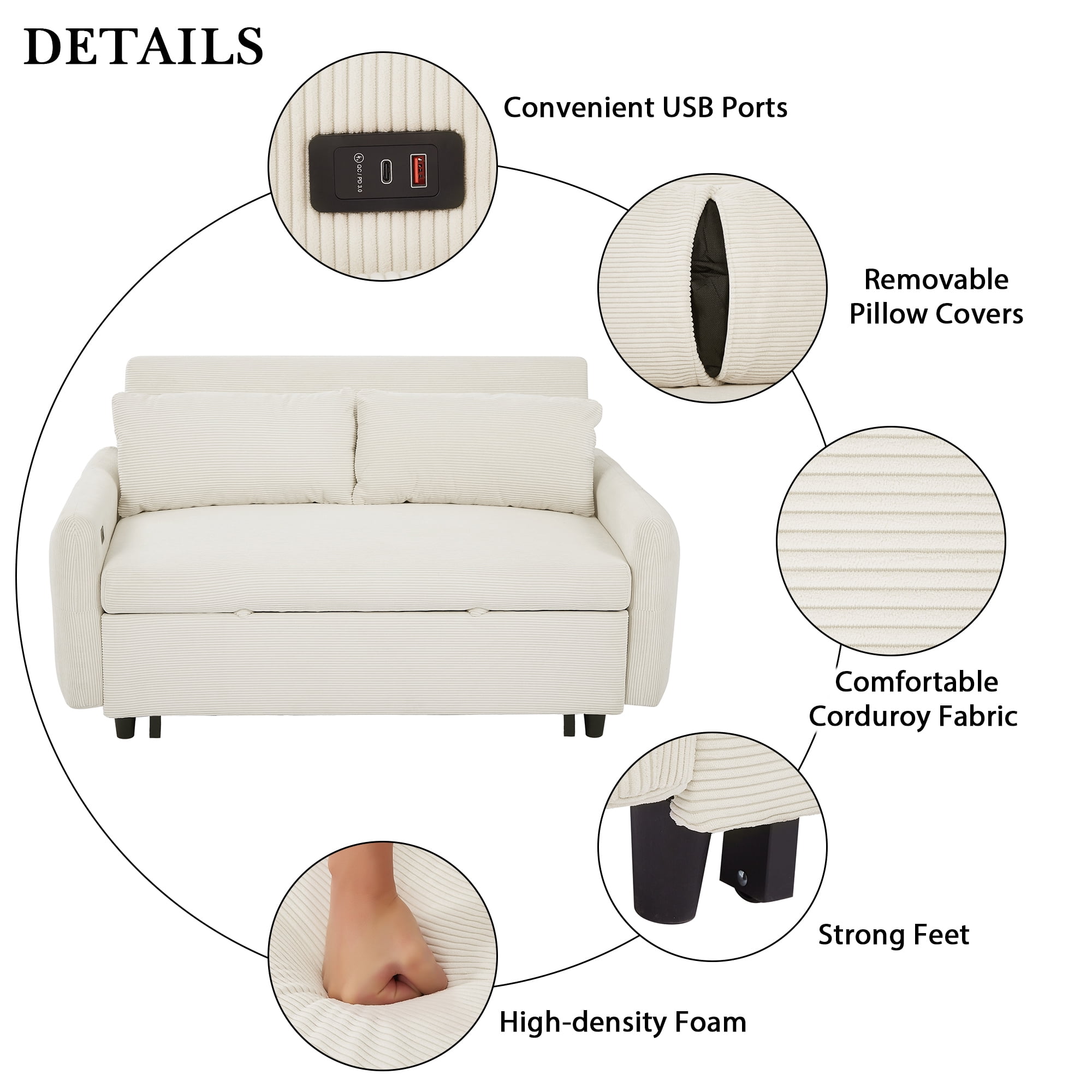 Pull-out Sofa Bed Convertible Couch 2 Seat Loveseat Sofa Modern Sleeper Sofa with Two Throw Pillows and USB Ports for Living Room