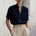 thumbnail image 3 of Linen Shirts for Women Short Sleeve Band Collar V Neck Button Up Summer Blouses Business Casual Office Work Shirts, 3 of 5