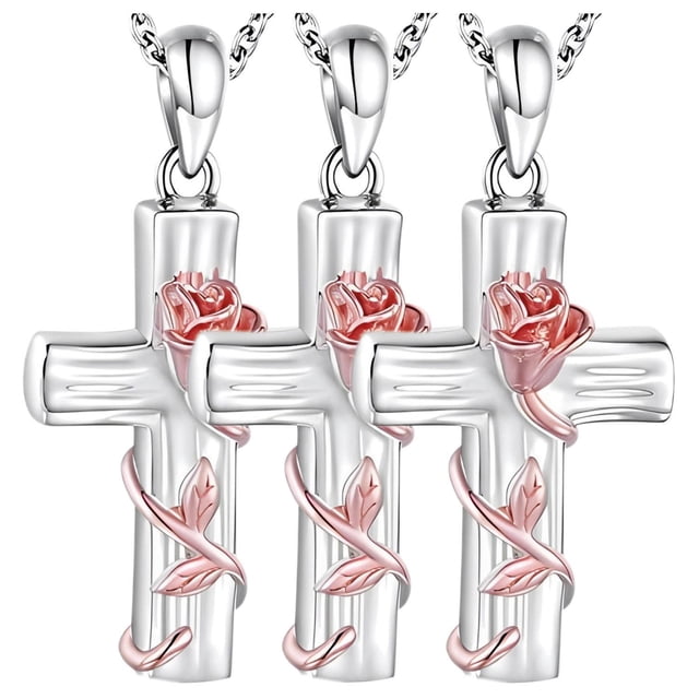 Cadenas con Dije de Cruz RoseGrace05 3Pzas Plata Collar Cruz/Rosa Dije 2x3cm Metal.