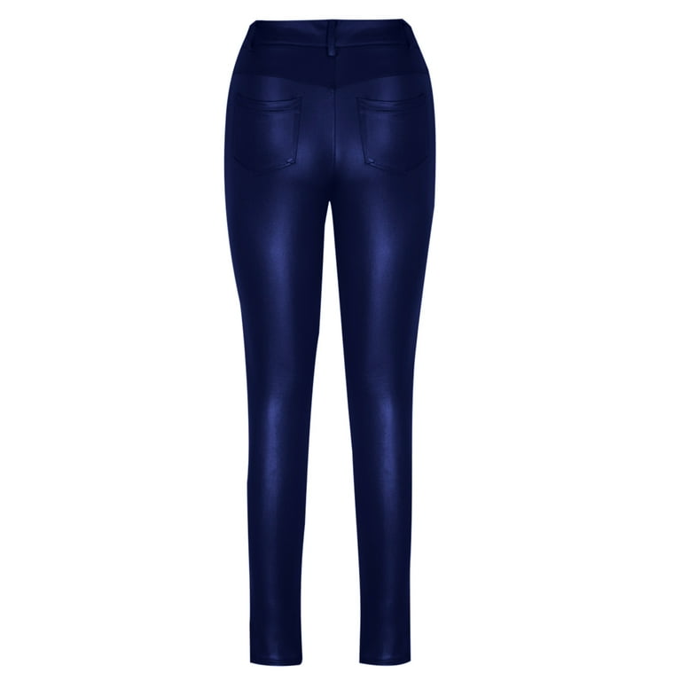 Shascullfites Pu Leather Navy Blue Pants Women Thermal Leggings
