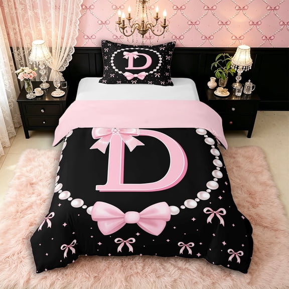 Manfei Cartoon Bow Letter D Monogrammed Twin Bedding for Girls Teens,Princess Alphabet Pearl Bow Print Duvet Cover Set for Kids,Pink Reversible,Breathable Home Decor,2pcs,No Comforter
