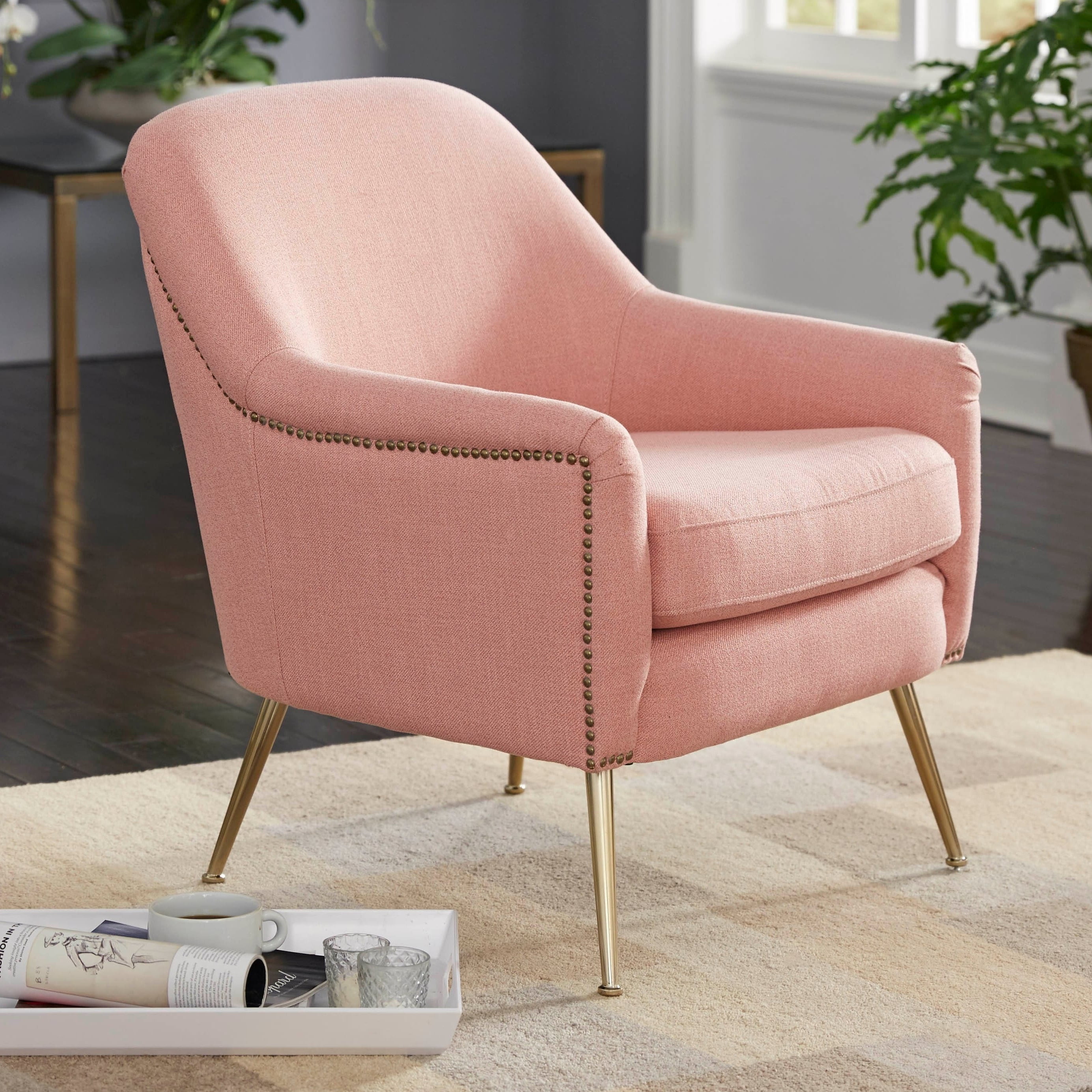 Lifestorey Vita Midcentury Upholstered Accent Chair Pink Foam, Fabric