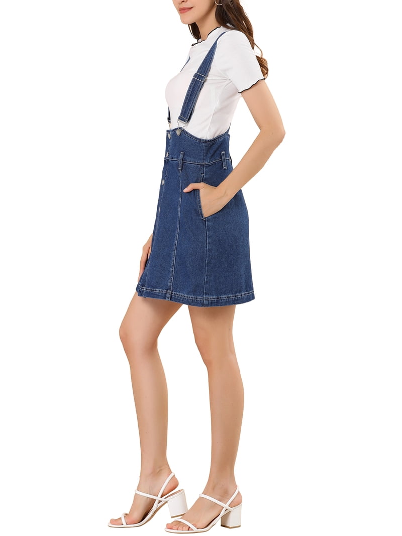 INSPIRE CHIC Women's Classic Button Front A-Line Strap Overall Denim Dress  - Walmart.com