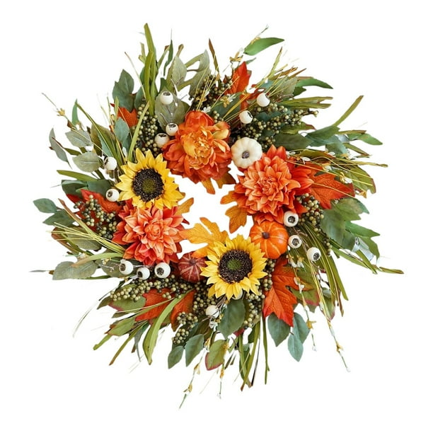 Corona otoñal Corona otoñal con girasoles, calabazas y hojas otoñales Puerta principal para antes de Acción de Gracias Decoración de pared para el hogar en Acción de Gracias