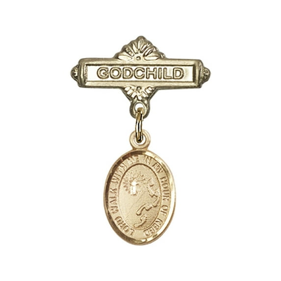 14kt Yellow Gold Baby Badge with Footprints / Cross Charm and Godchild Badge Pin 1 X 5/8 inches
