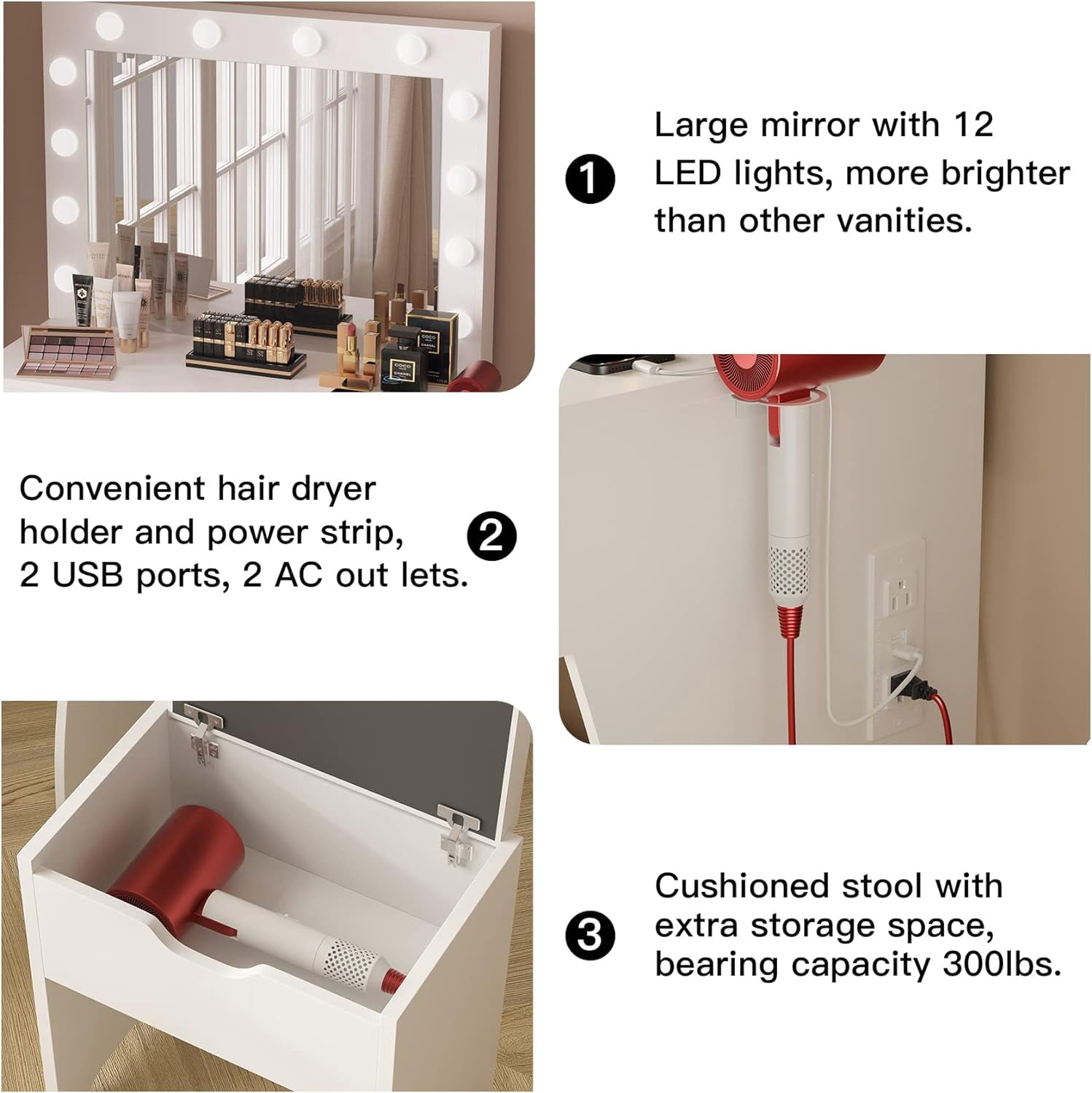 VEANERWOOD Vanity Set with 3 Color Lighted Mirror Makeup Table 55" with Charging Station Large Drawer, White