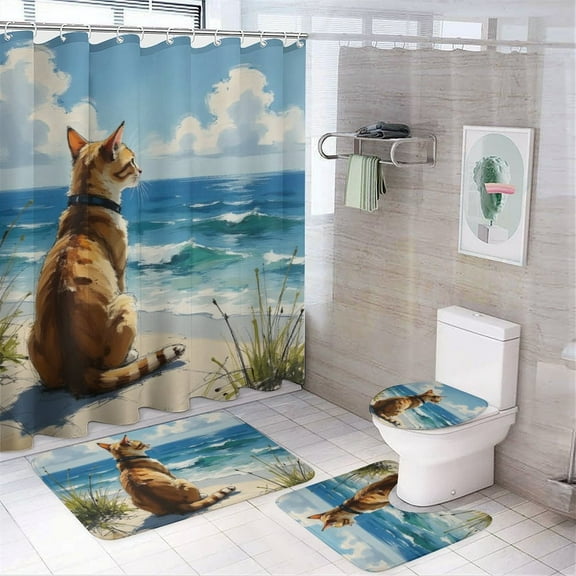 Cute Cat Print Shower Curtain Bathroom Rug Set, 4-Piece Set with 72" x 72" Shower Curtain, Toilet Cover Mat, U-Shaped Mat, Non-Slip Floor Mat with Hooks