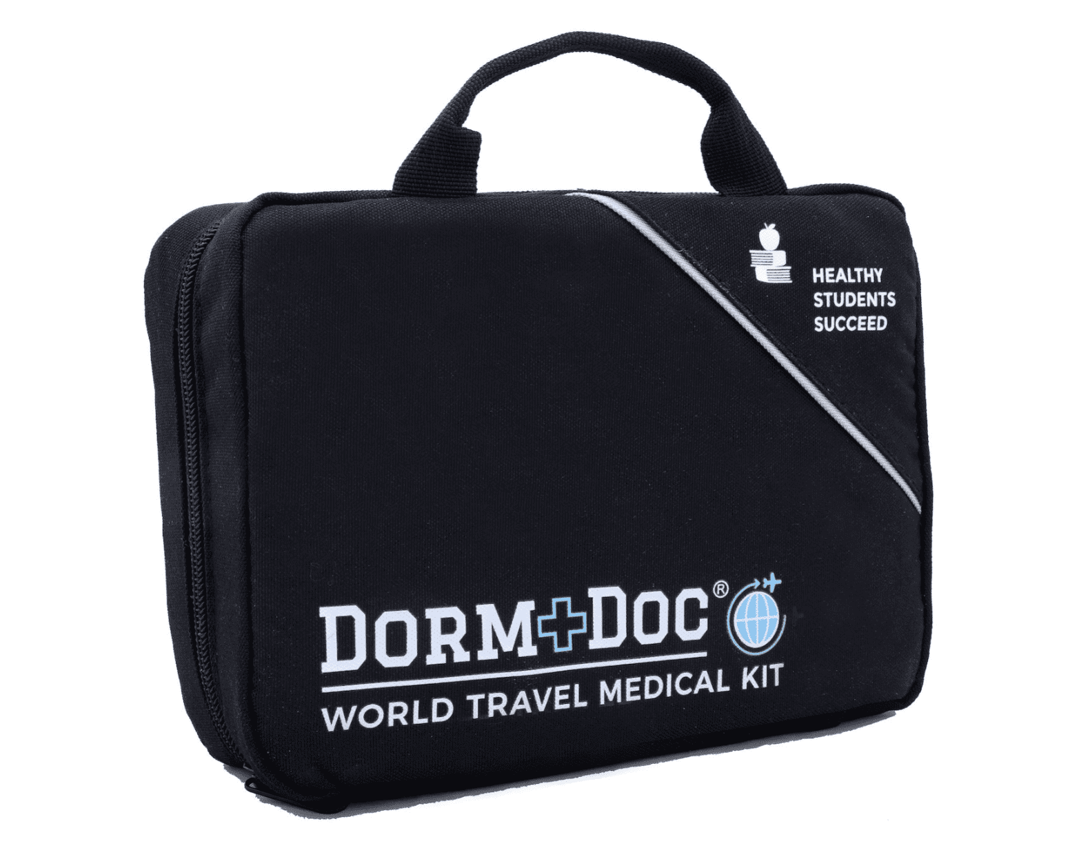 DormDoc 4 Piece Off to College Bundle World Travel 200pc, Mini Tin 25 pc first aid, Compact Sewing Kit, Mesh Shower Tote