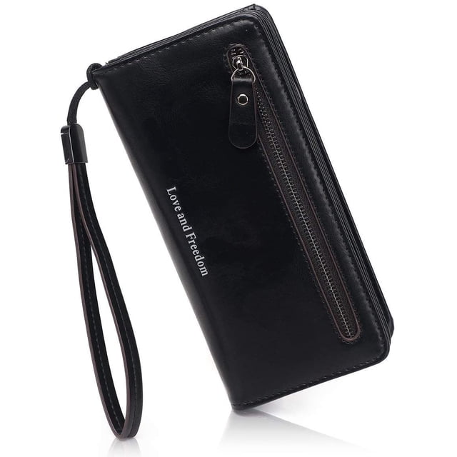 Women'S Wallet Large Wallet Women'S Long Wallet Large Capacity Leather Case Card Compartment Wallet Cell Phone Pocket With Hand Strap Elegant Wallet - Black