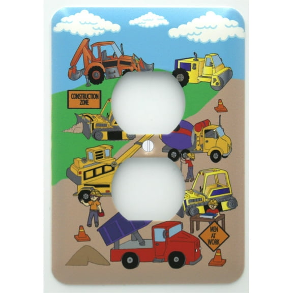 Construction Truck Light Switch Plates Covers Single Toggle with Bulldozers, Tractors, Cement Truck, and Dump Truck