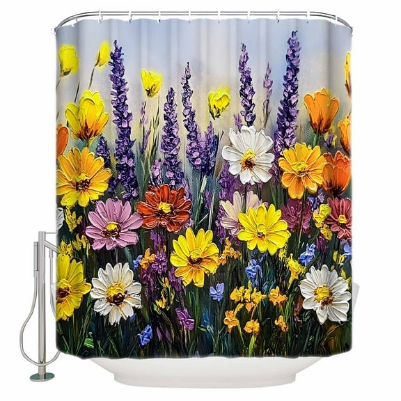 Extra Long Shower Curtain 72x84 Inch, Wildflowers Botanical Shower Curtain Waterproof Bathroom Decor Oil Painting Pastoral Flowers Fabric Bath Curtain Set Accessories with Hooks