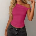 thumbnail image 4 of VEKDONE Off The Shoulder Tank Tops for Women Summer Sleeveless Ruched Shoulder Crop Tanks Dressy Solid Color Slim Fit Tunic Tops Trendy Club Party Cropped Tank Top Hot Pink M, 4 of 6