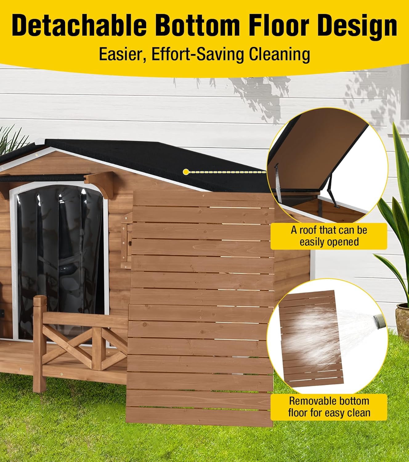 Aivituvin Dog House Outdoor with Anti-Chewing Metal Frame, Wooden Dog Kennel with Sliding Window, Detachable Floor, Weatherproof Roof - Brown