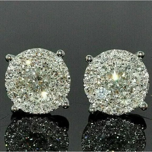 2Ct Round Cut Real Moissanite Men's Cluster Stud Earrings 14K White Gold Plated