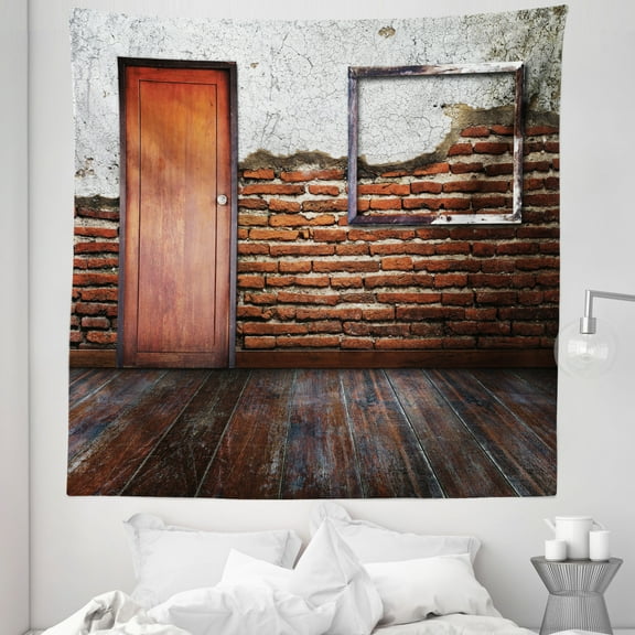 Rustic Tapestry, Picture Frame on Damaged Brick Wall Aged Old Room Rustic Wooden Floor, Fabric Wall Hanging Decor for Bedroom Living Room Dorm, 5 Sizes, Dark Orange Brown White, by Ambesonne